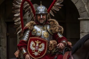 wingedhussarflux style,, The image features a Polish Winged Hussar dressed in full historical armor, seated on a horse. The man, with a confident and slightly smiling expression, is wearing intricately detailed steel plate armor that covers his body, showcasing both strength and nobility. His helmet, adorned with a central nose guard, is ornately decorated, with gold accents and a pair of large, eagle feathers emerging from the back, symbolizing the iconic wings of the Winged Hussars. His beard and calm demeanor suggest experience and pride.  The armor is highly decorated with golden emblems and fur linings, giving a regal appearance. The chest plate is particularly detailed, featuring a prominent cross-like design, further signifying his status as a knight. The red velvet robe beneath the armor adds a layer of elegance, its rich fabric blending with the fur draped over his shoulders. On his left arm, he carries a richly decorated shield in red and gold, emblazoned with a royal white eagle, symbolizing Polish heritage and power.  The background appears to be an old stone structure, enhancing the historical atmosphere. The scene conveys both authority and grace, capturing the essence of the legendary Winged Hussars, who were renowned for their bravery and military prowess in defending Poland.