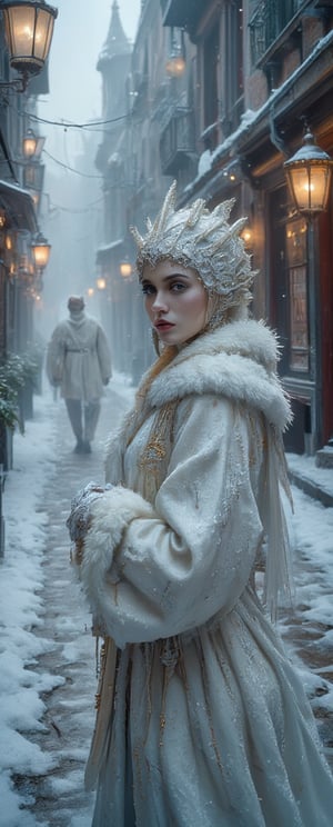 extreme close-up of Snow-kissed beauty strides forward, gaze locked on the viewer as she glances over her shoulder. Framed by a warm glow from nearby lanterns, her porcelain complexion and rosy cheeks radiate amidst the winter wonderland's serene silence. In the background, a white--robed scholar navigates the ancient city's cobblestone streets, wisps of fog swirling around him like ethereal whispers..retro glam,,surreal,sparkles