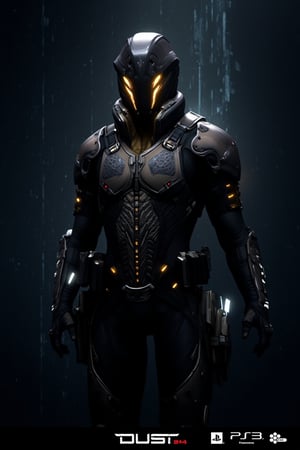 FuturisticWarrior style,, The image is a digital illustration of a futuristic minmatar logistic standing in front of a dark, textured background. The  minmatar logistic  is wearing a full suit of armor with intricate designs and patterns. The  minmatar logistic armor is predominantly black and silver, with gold accents on the shoulders, arms, and chest. The  minmatar logistic helmet is also black and has a futuristic design with a large visor that covers the entire face and upper body. The face is covered in intricate patterns and designs, with a yellow light shining through it, creating a dramatic effect. The background is a deep, dark blue with a hint of white, giving the image a futuristic and ominous feel. The word "DUST" is written in white text at the bottom of the image, with the PlayStation 3 logo in the bottom right corner.