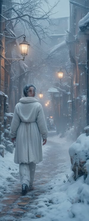 extreme close-up of Snow-kissed beauty strides forward, gaze locked on the viewer as she glances over her shoulder. Framed by a warm glow from nearby lanterns, her porcelain complexion and rosy cheeks radiate amidst the winter wonderland's serene silence. In the background, a white--robed scholar navigates the ancient city's cobblestone streets, wisps of fog swirling around him like ethereal whispers..retro glam,,surreal,sparkles