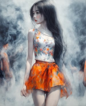 by Junji Ito, A portrait of a beautiful young Thai woman painted with the delicate technique of Chinese alcohol ink. She is wearing a cool summer floral undershirt, with long flowing hair, and a small skirt with a bright orange color that shows off her legs. This is a full-body close-up, emphasizing her beautiful figure and the white porcelain texture of her skin. She stands quietly in the crowd, surrounded by a mysterious smoke. The painting is dominated by vivid colors, realistic techniques, and cinematic lighting effects. The ink-play technique emphasizes the dynamism and tension of the painting, creating a lively yet mysterious and violent atmosphere., alcochse