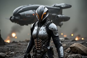 FuturisticWarrior style,,This image portrays (((amarr haevy))), heavily armored in a high-tech, metallic exosuit. (((gallente dropship ))) in the background