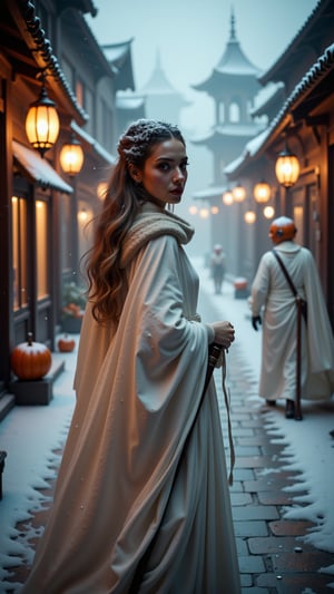 extreme close-up of Snow-kissed beauty strides forward, gaze locked on the viewer as she glances over her shoulder. Framed by a warm glow from nearby lanterns, her porcelain complexion and rosy cheeks radiate amidst the winter wonderland's serene silence. In the background, a white--robed scholar navigates the ancient city's cobblestone streets, wisps of fog swirling around him like ethereal whispers..retro glam,,surreal,sparkles, pumpkin monster in the background,

man with pumpkin head, long axe in hand