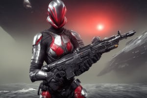 The image features a close-up of a person in a silver and red outfit, possibly a soldier, holding a gun. The person is wearing a helmet, which is the main focus of the image. The helmet is likely designed for protection during combat or other hazardous situations. The outfit, which appears to be a combination of a soldier's uniform and a futuristic look, gives the impression that the person might be from a world where advanced technology is integrated into everyday life. futuristic space battleship in the background