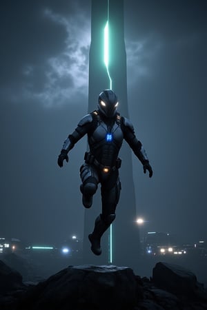 gallente dropsuit jump from big tower, night, heavy clouds with lightings in background.