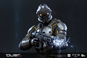  FuturisticWarrior style,,This image portrays amarr haevy, heavily armored in a high-tech, metallic exosuit. The armor is more bulky and robust, with intricate layers of plating in a silver and gray color scheme, accented by glowing yellow lines that give the suit a powerful, advanced look. The soldier's helmet is large and features a visor, adding to their intimidating presence. They are wielding an oversized, forge gun, with visible energy crackling near its muzzle, indicating it may be some kind of advanced energy. The overall scene is dark and gritty, with the background mostly obscured, adding a mysterious atmosphere. The amarr haevy's stance is firm, with both hands gripping the weapon as if preparing for combat. The "DUST 514" and PlayStation 3 logos at the bottom suggest this is part of a promotional image for the game.