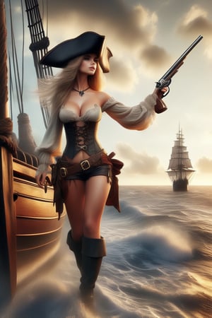 (+18) , NSFW, A surreal a cute sexy female, dressed as a pirate , realistic skin, realistic hair, Cleavage, detailed eyes, predatory look, detailed reflective eyes, detailed lips, hyperdetailed, holding old pistol,, standing next to an open chest full of treasures with an old pistol in his hand, beach, sunset, a large pirate ship with a ((pirate flag)) in the background, ,