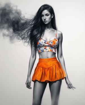 Caldari, charcoal, half bodyA portrait of a beautiful young Thai woman painted with the delicate technique of Chinese alcohol ink. She is wearing a cool summer floral undershirt, with long flowing hair, and a small skirt with a bright orange color that shows off her legs. This is a full-body close-up, emphasizing her beautiful figure and the white porcelain texture of her skin. She stands quietly in the crowd, surrounded by a mysterious smoke. The painting is dominated by vivid colors, realistic techniques, and cinematic lighting effects. The ink-play technique emphasizes the dynamism and tension of the painting, creating a lively yet mysterious and violent atmosphere., alcochse