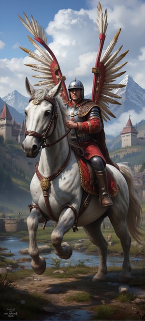 wingedhussarflux style Polish Winged Hussar sitting on a white horse. river and castle in the background