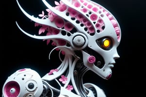 "A highly detailed, documentary-style photograph of a Zenomorph-like android robot with a Voronoi body armature frame and metal wings. The robot's face features ceramic-like textures, inspired by Guillaume Seignac's art style, with intricate watercolor and quilling patterns. The scene captures the robot's flowing white hair with pink streaks, floating gracefully. Surrounding the figure are delicate glass fractal flowers and vines, rendered in a sharp, studio-lit composition. The design incorporates elements of paper cutting, origami, and encaustic art, giving the android a futuristic yet organic appearance. The entire piece has a bold, realistic aesthetic, trending on ArtStation, with a mix of mecha concept art and the elegance of Philipp Plein models."