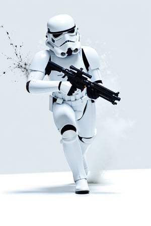 StormTrooperFlux, The person in the image is a Stormtrooper from the Star Wars franchise, and he is depicted running with a gun in his hand. He is wearing a white uniform, and his helmet is also white. The background of the image features a splash effect, which gives the scene a dynamic and action-packed feel. The Stormtrooper is standing on a white surface, possibly a wall or a floor.,stormtrooperflux