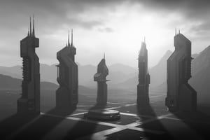 FuturisticWarrior style,, The image is a black and white digital illustration of a futuristic cityscape. The city appears to be made up of multiple tall buildings, each with a unique architectural design. The buildings are arranged in a grid-like pattern, with some overlapping each other. The tallest building on the left is a tall, cylindrical structure with multiple pointed spires on top, while the middle one is a smaller, rectangular structure with a pointed roof. The other two buildings are smaller and have multiple levels, with multiple levels of windows and balconies.

The city is surrounded by a vast expanse of land, with mountains in the background. The sky is cloudy and the sun is shining through the buildings, creating a bright light that illuminates the scene. The overall mood of the image is bleak and desolate.