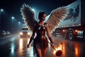 AngelDreamFlux, The image features a woman with angel wings, dressed in a warrior costume, walking down a rain-soaked street at night. She is carrying a burning rose, which is prominently displayed in her hand. In the background, there is a large truck, possibly a semi, partially visible on the road. The combination of the angel wings, warrior attire, and the truck in the background creates a unique and intriguing scene.