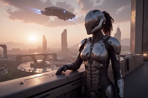 FuturisticWarrior style,,close up to female, The image is a digital illustration of a futuristic aderian female on the futuristic stone bridge,futuristic city landscape in the background, sunset, dropship on the sky