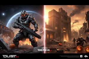 FuturisticWarrior style,, The image is a digital illustration of a futuristic minmatar HAV on the left and demolish building on the right. The word "DUST514" is written in bold white letters at the bottom of the illustration. pumpkin as sun