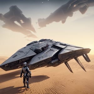 A starship razor crest  landing on desert,thrusts from the jet engine,parked on ground,side door open,ramp from the door,mandalorian walking out of the ship,sand,sky,cloud,realistic,detailed,sharp focus,high contrast,