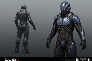 FuturisticWarrior style,, The image is a digital illustration of a futuristic (((minmatar dropsuit))) on the right. The word "DUST514" is written in bold white letters at the bottom of the illustration.