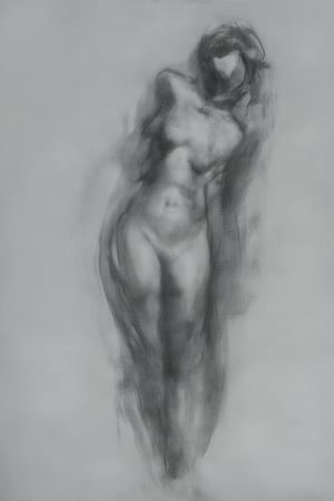 , Artist's Sketching a Female Figure,Black and white abstract figure with flowing hair, captured in a dynamic pose.,charcoal