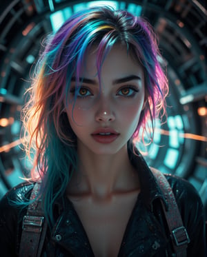 In this surreal, neon-lit scene, an androgynous girl stands at the edge of a spaceship's metallic hull, where lush greenery thrives, juxtaposing sterile metal. Her piercing gaze, like a laser beam, shoots directly into the viewer, her iridescent hair flowing down her back like stardust, glowing with an ethereal light. Radiant hues of white and black illuminate her dark-tech attire, accentuating curves against the ship's hull. The subject's eyes burn with unearthly intensity, framed directly in front of the viewer amidst a rainbow-colored mane that defies gravity, as if suspended by an unseen force.