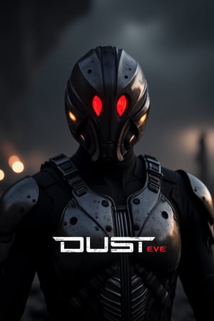 FuturisticWarrior style,, The image is a digital art piece that appears to be a futuristic or sci-fi scene. It shows a close-up of a gallente assault's head and upper body, with a metallic armor-like appearance. The gallente assault's face is covered in red eyes, giving it a futuristic and ominous look. The background is a dark, cloudy sky with a hint of smoke or dust. The overall mood of the image is dark and ominous. The word "DUST" is written in white text on the bottom right corner, with the word "EVE" in a larger font size than the rest of the text.