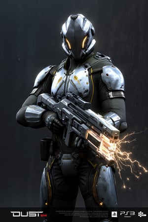 FuturisticWarrior style,,This image portrays amarr haevy, heavily armored in a high-tech, metallic exosuit. The armor is more bulky and robust, with intricate layers of plating in a silver and gray color scheme, accented by glowing yellow lines that give the suit a powerful, advanced look. The soldier's helmet is large and features a visor, adding to their intimidating presence. They are wielding an oversized, forge gun, with visible energy crackling near its muzzle, indicating it may be some kind of advanced energy. The overall scene is dark and gritty, with the background mostly obscured, adding a mysterious atmosphere. The amarr haevy's stance is firm, with both hands gripping the weapon as if preparing for combat. The "DUST 514" and PlayStation 3 logos at the bottom suggest this is part of a promotional image for the game.
