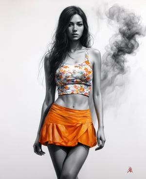 Caldari, charcoal, half bodyA portrait of a beautiful young Thai woman painted with the delicate technique of Chinese alcohol ink. She is wearing a cool summer floral undershirt, with long flowing hair, and a small skirt with a bright orange color that shows off her legs. This is a full-body close-up, emphasizing her beautiful figure and the white porcelain texture of her skin. She stands quietly in the crowd, surrounded by a mysterious smoke. The painting is dominated by vivid colors, realistic techniques, and cinematic lighting effects. The ink-play technique emphasizes the dynamism and tension of the painting, creating a lively yet mysterious and violent atmosphere., alcochse