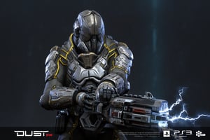  FuturisticWarrior style,,This image portrays amarr haevy, heavily armored in a high-tech, metallic exosuit. The armor is more bulky and robust, with intricate layers of plating in a silver and gray color scheme, accented by glowing yellow lines that give the suit a powerful, advanced look. The soldier's helmet is large and features a visor, adding to their intimidating presence. They are wielding an oversized, forge gun, with visible energy crackling near its muzzle, indicating it may be some kind of advanced energy. The overall scene is dark and gritty, with the background mostly obscured, adding a mysterious atmosphere. The amarr haevy's stance is firm, with both hands gripping the weapon as if preparing for combat. The "DUST 514" and PlayStation 3 logos at the bottom suggest this is part of a promotional image for the game.