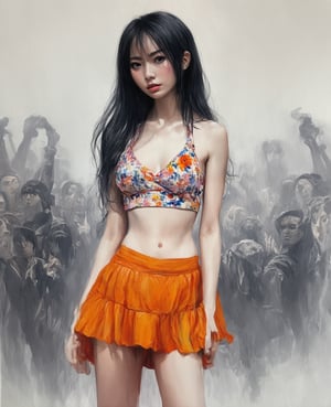 by Junji Ito, A portrait of a beautiful young Thai woman painted with the delicate technique of Chinese alcohol ink. She is wearing a cool summer floral undershirt, with long flowing hair, and a small skirt with a bright orange color that shows off her legs. This is a full-body close-up, emphasizing her beautiful figure and the white porcelain texture of her skin. She stands quietly in the crowd, surrounded by a mysterious smoke. The painting is dominated by vivid colors, realistic techniques, and cinematic lighting effects. The ink-play technique emphasizes the dynamism and tension of the painting, creating a lively yet mysterious and violent atmosphere., alcochse