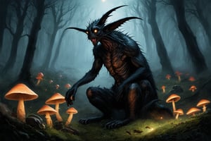 gothic horror style the image showcases a fantastical creature with elongated ears, prominent eyes, and a wrinkled skin texture. the creature appears to be in a forest setting, surrounded by glowing mushrooms that emit a soft light. the creature is gazing at the mushrooms with a contemplative expression. the background is dimly lit, creating an ethereal and mysterious ambiance. . eerie mansions, supernatural occurrences, high emotions, dark and moody atmospheres