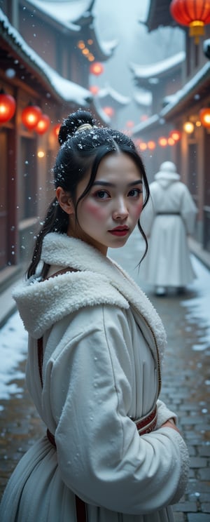 extreme close-up of Snow-kissed beauty strides forward, gaze locked on the viewer as she glances over her shoulder. Framed by a warm glow from nearby lanterns, her porcelain complexion and rosy cheeks radiate amidst the winter wonderland's serene silence. In the background, a white--robed scholar navigates the ancient city's cobblestone streets, wisps of fog swirling around him like ethereal whispers..retro glam,,surreal,sparkles