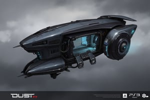 FuturisticWarrior style,, The image is a digital illustration of a futuristic gallente dropship. The gallente dropship is in the center of the image, with its body facing towards the left side of the frame. It has a sleek, metallic design with a pointed nose and a pointed tail. The body of the gallente dropship is covered in a dark grey and black color scheme, with a hint of blue on the side. The cockpit is open, revealing a large circular window with a blue light emanating from it. There are several wires and cables running along the sides of the cockpit, and a large wheel with a circular design on the right side of it. The background is a mix of gray and white clouds, giving the impression of a cloudy sky. The word "DUST514" is written in bold white letters at the bottom of the illustration.