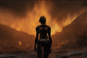 1woman,  cyborg, deser is on fire in the distance, serenity,  low-key,in ,digital artwork by Beksinskiart