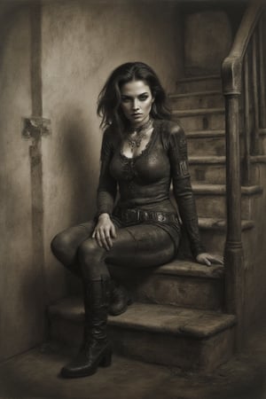 charocalflux style,   a rebellious brunette woman sitting on an ancient staircase, her intense expressions and fine details accentuated by her grunge- and punk-inspired clothing, which mixes 1800s-era clothing with ragged lines. This unique fusion of styles, which includes elements of film, fashion, posters, and dark fantasy, creates an evocative atmosphere that transports the viewer to a different time and place, seamlessly blending multiple artistic disciplines into a striking visual masterpiece., typography, fashion, portrait photography, architecture, graffiti