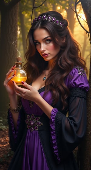  A majestic of very beautiful woman, spotlighting the ornate details of her purple and black attire, radiates confidence amidst an enchanted forest bathed in soft golden light. In her cute hand Potion bottle. The potion is illuminated with warm lighting, creating a magical atmosphere. Her striking features, including long hair flowing like moonlit rivulets, command attention as towering trees loom in the background, their twisted branches weaving a hypnotic dance of twigs and leaves. oil painting, A Mystical Feature