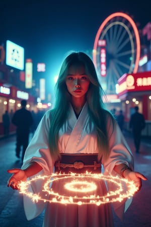 Raw photo, realistic, Masterpiece, best quality,  8K, ultra-detailed textures and realistic lighting, beauty and aesthetics, POV, various views, 1girl, solo, cleric, long hair, looking at viewer, bangs, black eyes, closed mouth, light turquoise hair, full body, japanese clothes, blunt bangs, kimono, lips, aqua hair, In Tokyo Disneyland, at night, the Japanese girl stands tall, her crisp white kimono a stark contrast to the noisy surroundings. Colorful neon light Soft, illuminates her porcelain, pale skin, her face illuminated by the glow of a magical circle beneath her. Her hair flows wildly, charged with energy, her eyes focused and determined, her hands outstretched as she summons a swirling vortex of magic. Her vibrant green hair catches the fading moody lighting, framing her serene expression amidst the amusement park, light particles, 