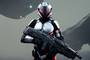 The image features a close-up of a person in a silver and red outfit, possibly a soldier, holding a gun. The person is wearing a helmet, which is the main focus of the image. The helmet is likely designed for protection during combat or other hazardous situations. The outfit, which appears to be a combination of a soldier's uniform and a futuristic look, gives the impression that the person might be from a world where advanced technology is integrated into everyday life. futuristic space battleship in the background