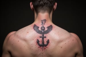 wingedhussarflux style,, the tatoo on the neck shows a symbol  known as the "Kotwica" (Anchor), which combines the letters "P" and "W."