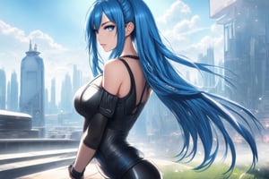 Beautiful girl, long hairstyle, blue hair, blue eyes, masterpiece quality, light particles, serious face, looking at viewer, sport, olympic, upper body, Anime Style., highly detailed, cyberpunk cityscape in the background 