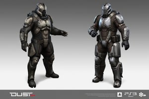 FuturisticWarrior style,, The image is a digital illustration of a futuristic (((minmatar dropsuit))) on the right and (((caldari dropsuit))) on the left. The word "DUST514" is written in bold white letters at the bottom of the illustration.