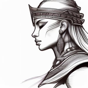 Pen sketch of just the profile of an inner goddess in warrior outfit in their power no background