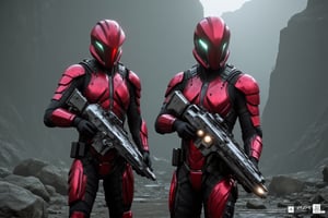 FuturisticWarrior style,, The image shows two futuristic aderian assaults standing side by side, facing each other. They are both wearing red armor with intricate patterns and designs. The aderian assault armor appears to be made of metal and has a shiny, metallic finish. The aderian assaults are standing in a rocky area with large rocks and debris scattered around them. The sky is overcast and the overall mood of the image is dark and ominous. The aderian assault on the left is facing away from the camera, while the aderian assault in the middle is facing towards the right. Both aderian assaults have a serious expression on their faces.