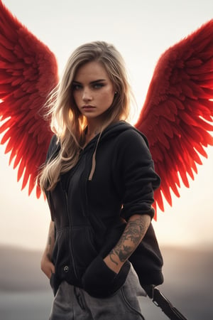 masterpiece portrait, Hyperrealistic, stunning beauty, high detail, cinematic photo Medium format photography, Anime girl digital artwork, A woman in her 20s, red angel wings, looking at the camera, she has freckles, blue eyes, she has Lush blonde hair, tattoos on neck, wearing a black hoodie, highly detailed, best quality, 8k uhd, Nikon 70d, ISO200, F/2.8, 1/25sec, 70mm . 35mm photograph, film, bokeh, professional, 4k, highly detailed, aderekangel