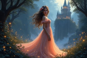 An enchanting poster featuring a captivating female lead dressed in a flowing, ethereal gown that shimmers with magical colors. She stands in a lush, enchanted forest, surrounded by glowing fireflies and delicate, sparkling lights. Her long, wavy hair is adorned with flowers, and she gazes dreamily at the viewer, a hint of mystery in her expression. In the background, a majestic castle looms, partially hidden by vines and magical mist. Beksinskiart