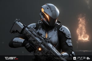 FuturisticWarrior style,,This image portrays amarr haevy, heavily armored in a high-tech, metallic exosuit. The armor is more bulky and robust, with intricate layers of plating in a silver and gray color scheme, accented by glowing yellow lines that give the suit a powerful, advanced look. The soldier's helmet is large and features a visor, adding to their intimidating presence. They are wielding an oversized, forge gun, with visible energy crackling near its muzzle, indicating it may be some kind of advanced energy. The overall scene is dark and gritty, with the background mostly obscured, adding a mysterious atmosphere. The amarr haevy's stance is firm, with both hands gripping the weapon as if preparing for combat. The "DUST 514" and PlayStation 3 logos at the bottom suggest this is part of a promotional image for the game.
