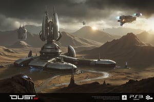 FuturisticWarrior style,, The image is a digital illustration of a futuristic landscape. It shows a vast expanse of barren land with a mountain range in the background. The sky is filled with dark clouds and the sun is setting, casting a warm glow over the scene.

In the center of the image, there is a large, futuristic structure with multiple levels and intricate details. The structure appears to be made of metal and has a metallic sheen. It has multiple arms and legs, and a large dome-like structure on top. On the right side of the structure, there are two smaller structures, one with a pointed nose and the other with a curved nose. The structures are connected by a series of wires and cables, and there are several smaller structures scattered throughout the landscape, including a large building on the left side and a smaller building in the center. On top of the buildings, there appears to have multiple antennas and antennas attached to it, and on the bottom right side, there seems to be a spaceship or a dropship flying over the landscape. The image also has the word "DUST" written in bold letters at the bottom, along with the PlayStation 3 logo.