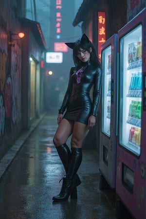 charocalflux style,  cyberpunk-themed Sexy girl fashionista wearing a sleek, tech-inspired dress, posing , wearing a gLOSSY CAT-inspired helmet .The Girl's face is hidden inside an advanced holographic helmet, and its facial features are represented as ASCII art emojis. She’s standing in a gritty alleyway with graffiti-covered walls, futuristic vending machines, and rain-soaked pavement reflecting colorful neon lights. Mid-shot from a low angle, showing her relaxed pose as she leans against a wall, Dim lighting with rain softly falling, creating a moody yet energetic atmosphere. ,