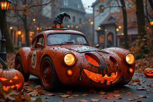 Witches sport car with pumpkin as wheels