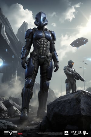  FuturisticWarrior style,,close up ((amarr heavy)) dropsuit and ((caldari LAV)) on the destroyed bridge, ((gallente dropship)) on the sky.The word "Aderek Studio" is written in white text on the bottom right corner, with the word "EVE" in a larger font size than the rest of the text.