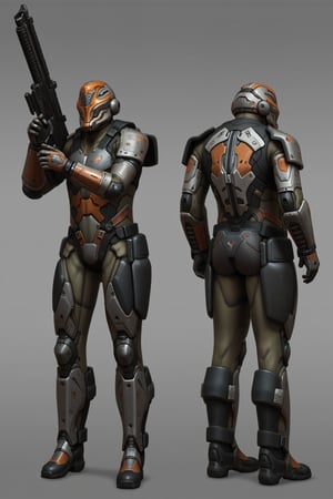 FuturisticWarrior style,, The image shows two side-by-side views of a minmatar haevy suit. The minmatar haevy is standing upright with its left arm extended upwards, holding a large gun in its right hand. The body of the minmatar haevy is made up of multiple layers of metal, with orange and silver accents. The minmatar haevy armor appears to be made of a metallic material, with intricate details and patterns. The background is a neutral gray color, making the robot stand out. The overall mood of the image is ominous and ominous.