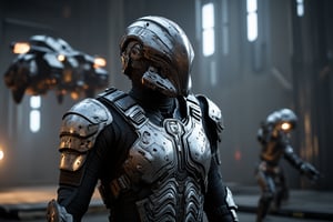 FuturisticWarrior style,,This image portrays (((amarr haevy))), heavily armored in a high-tech, metallic exosuit. (((gallente dropship ))) in the background